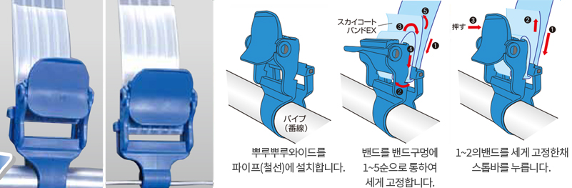 뿌루뿌루와이드를 파이프(철선)에 설치 후 밴드를 밴드구멍에 1~5순으로 통하여 세게 고정, 1~2의 밴드를 세게 고정한 채 스톱바를 누릅니다.